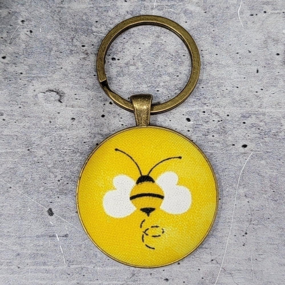 New Handmade | Yellow Bumble Bee Print Fabric Button Keychain